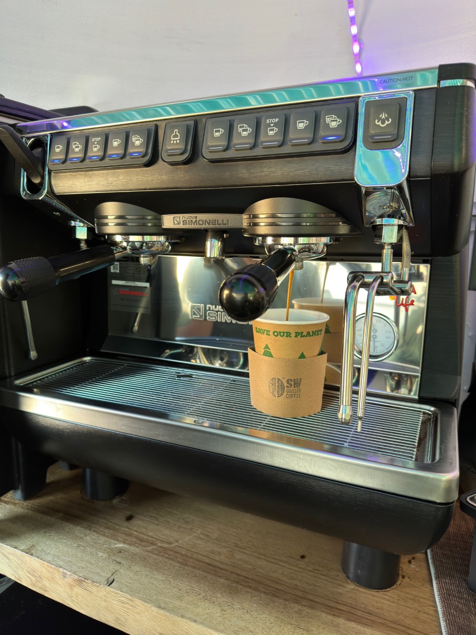 Pulling shots of espresso in the coffee caboose
