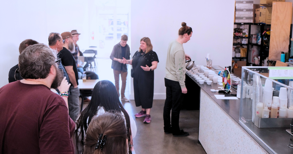 Pouring the coffee for the cupping at Mythical Coffee - Pic: Thomas Plets