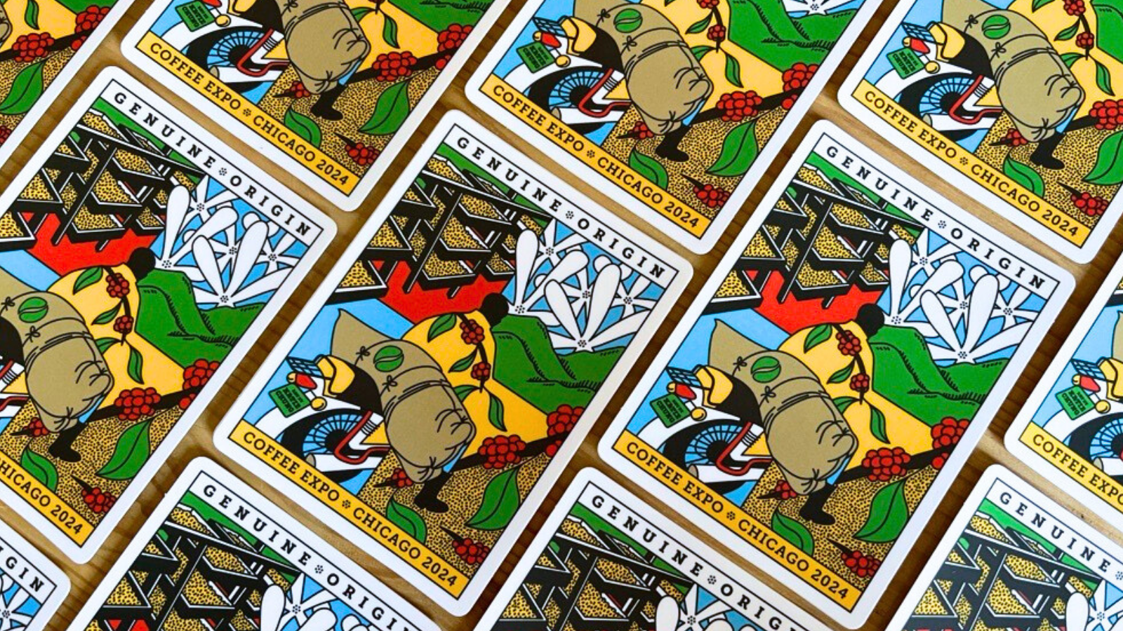 Official Genuine Origin EXPO 2024 stickers created by Chicago artist, Katie Chung. 