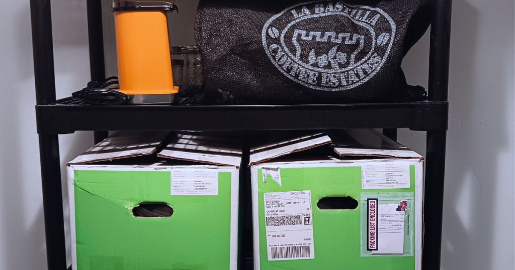 GO Boxes stacked with La Bastilla bag at the Peaceful Valley Roastery