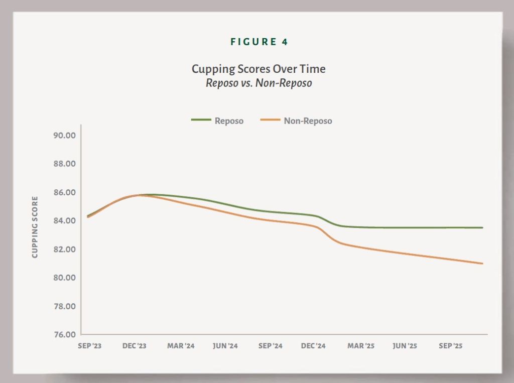 A graph showing cup quality of Reposo process vs. traditional over time